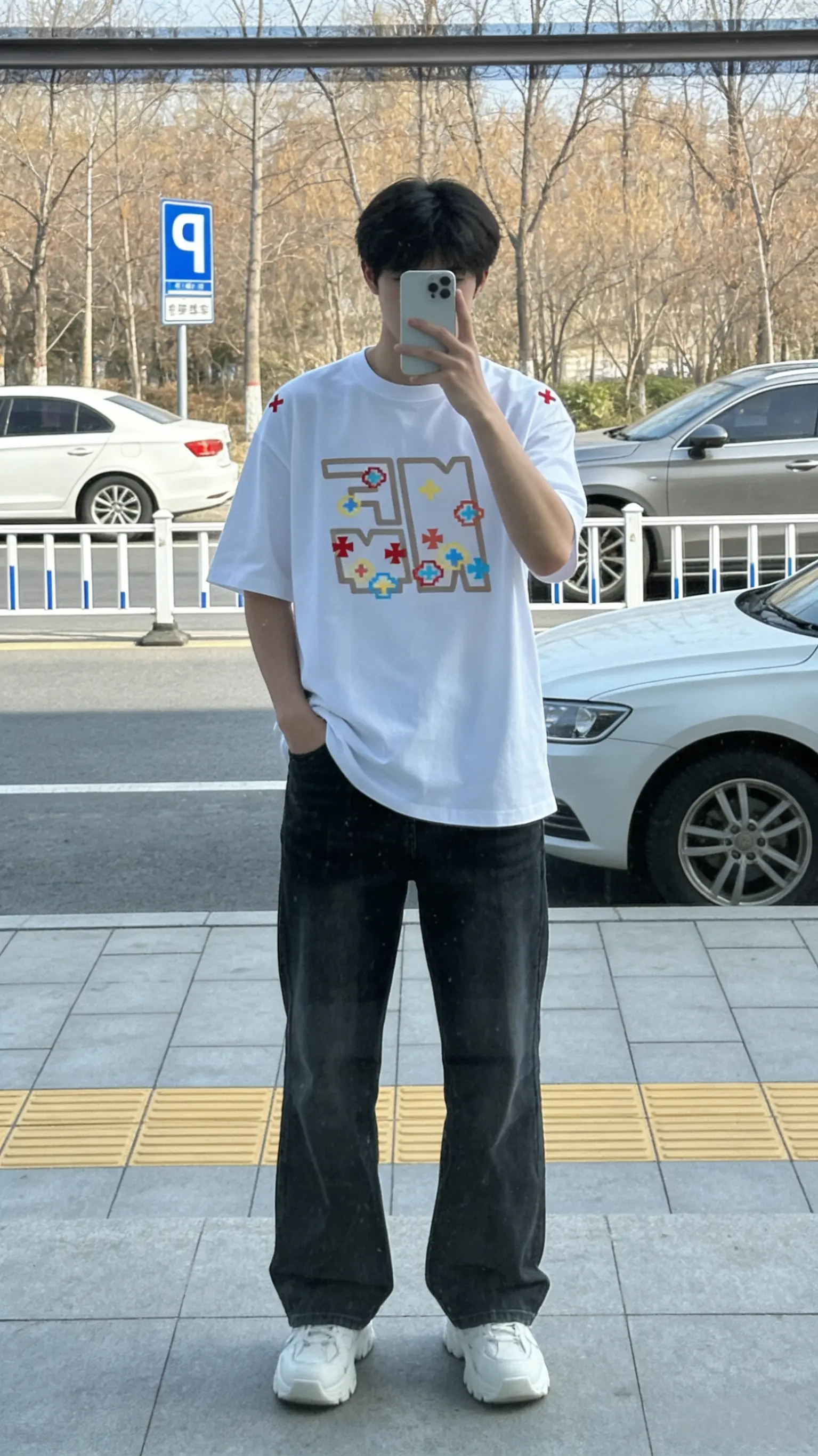 美式设计感几何像素印花短袖男春夏季百搭休闲纯棉重磅上衣T恤女