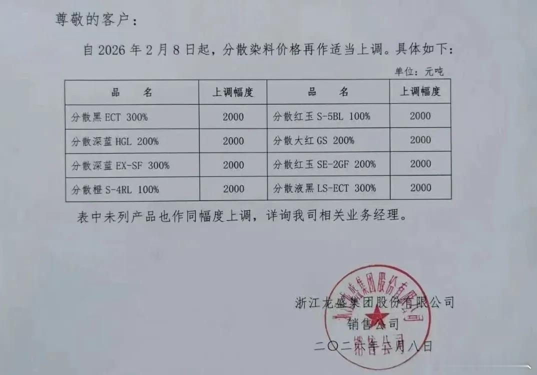 涨价：浙江龙盛：2月8日上调大部分分散染料的出厂报价2000元/吨。涨幅大概10