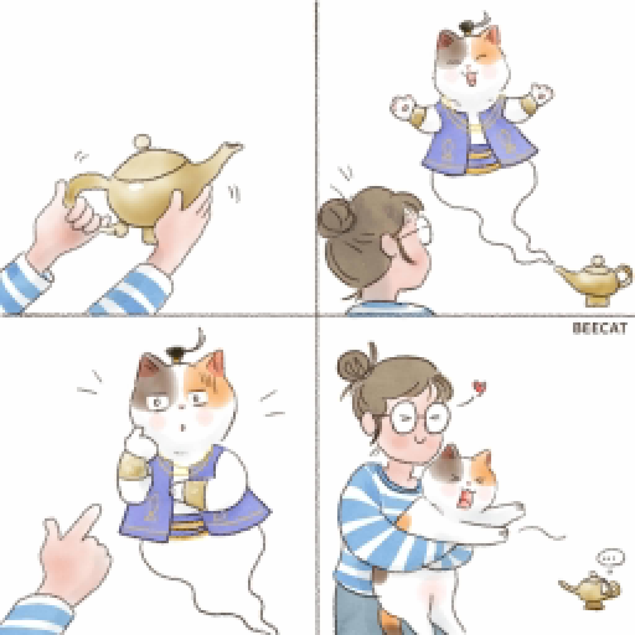 🐈：人，恭喜你成功召唤我出来，咪可以实现你三个愿望哦～🧍♀️：过来吧你 