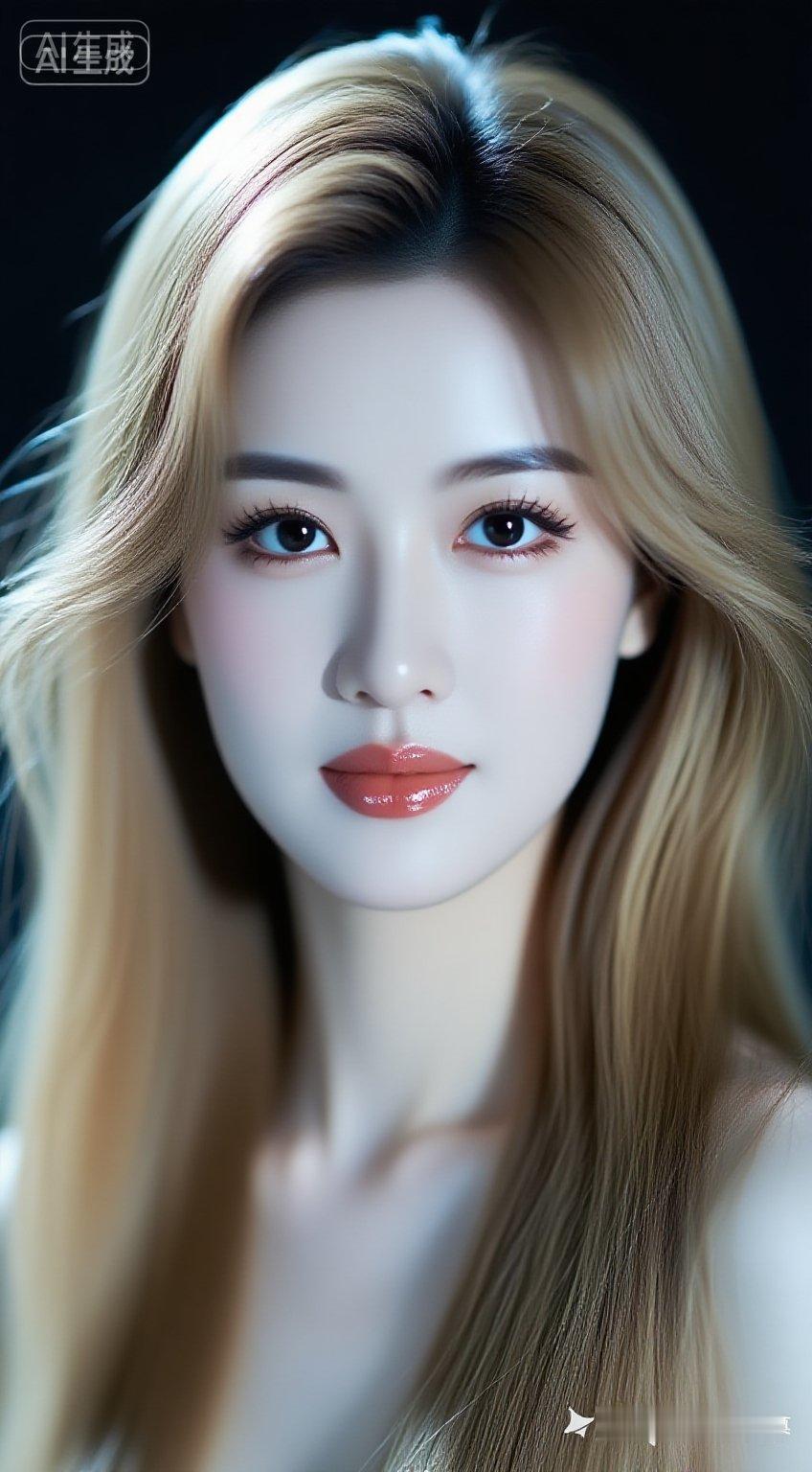 绝美东方女性，金棕色垂坠柔顺微卷长发，蓬松自然，冷白皮，极致的妆容，水润滑嫩，油