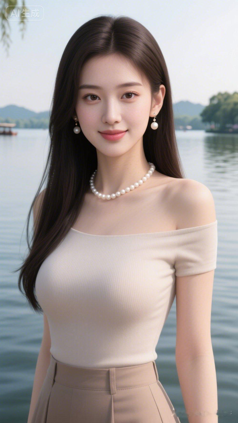 优雅珍珠耳环，温柔少女心，湖畔清新自拍