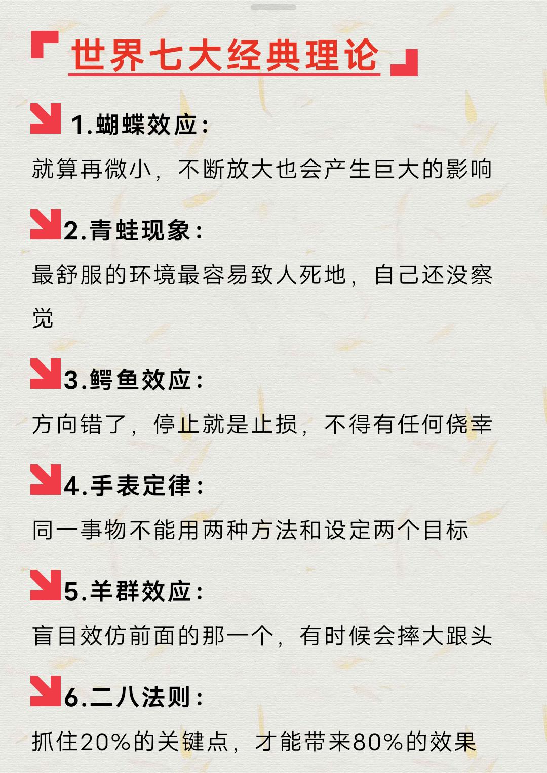 蝴蝶效应、青蛙现象、鳄鱼效应、手表定律、羊群效应、二八法则、木桶理论，给您带去重