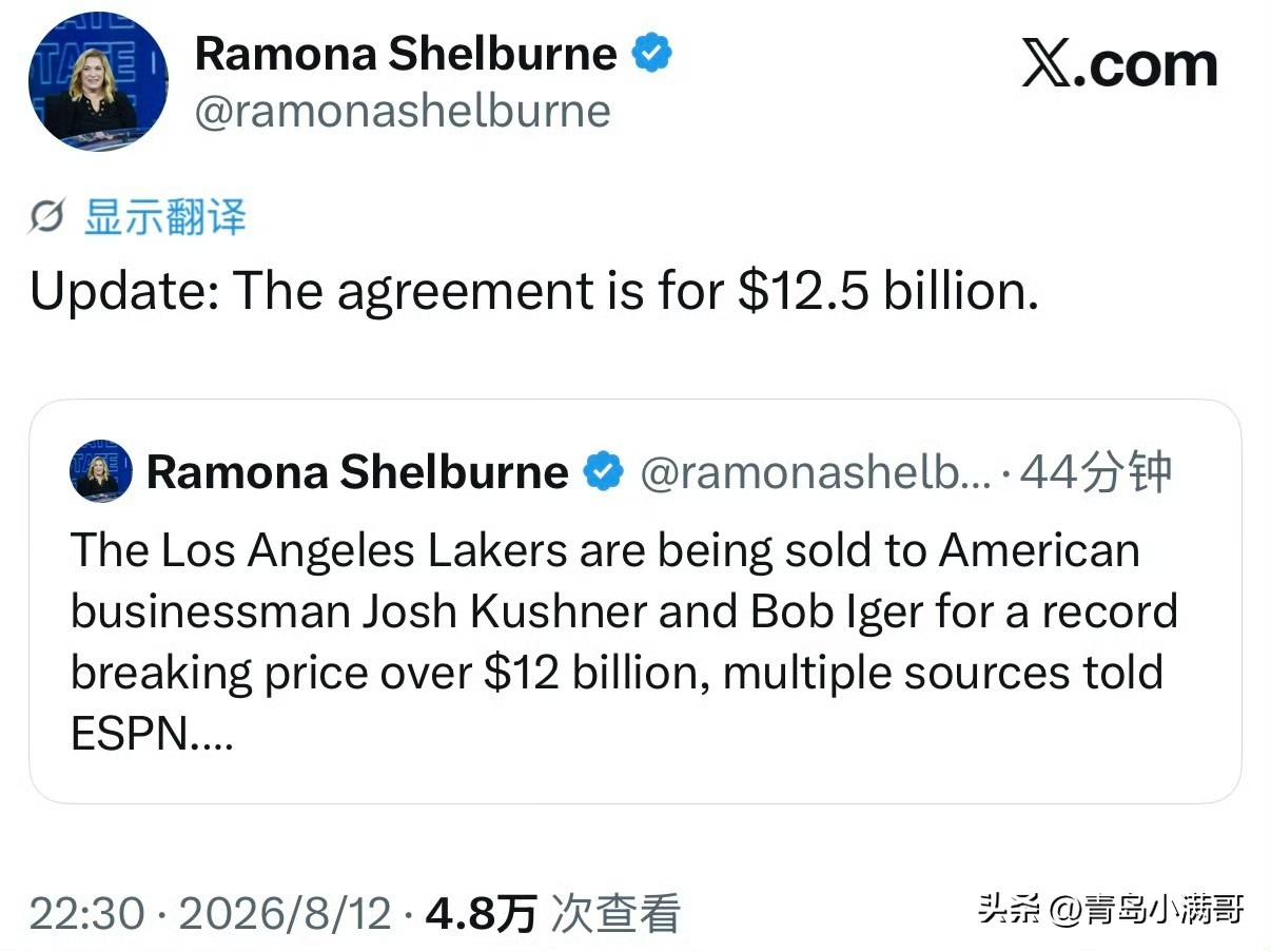 湖人又被卖了！！！沃尔特以125亿美元出售了湖人控股权，净赚25亿！

根据记者