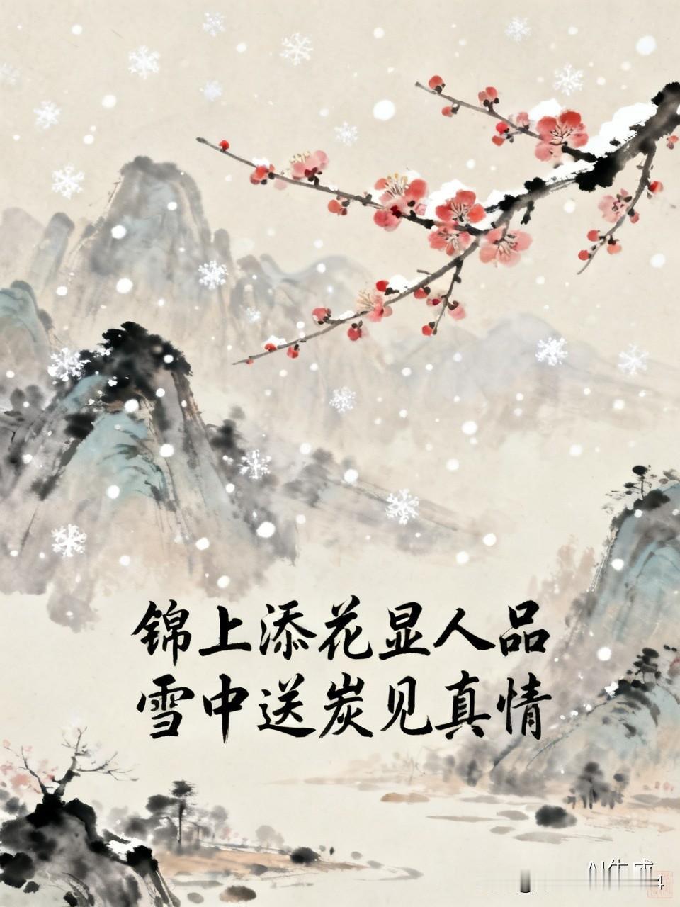 上联：锦上添花显人品，诚邀下联，，雪中送炭见真情！[比心]