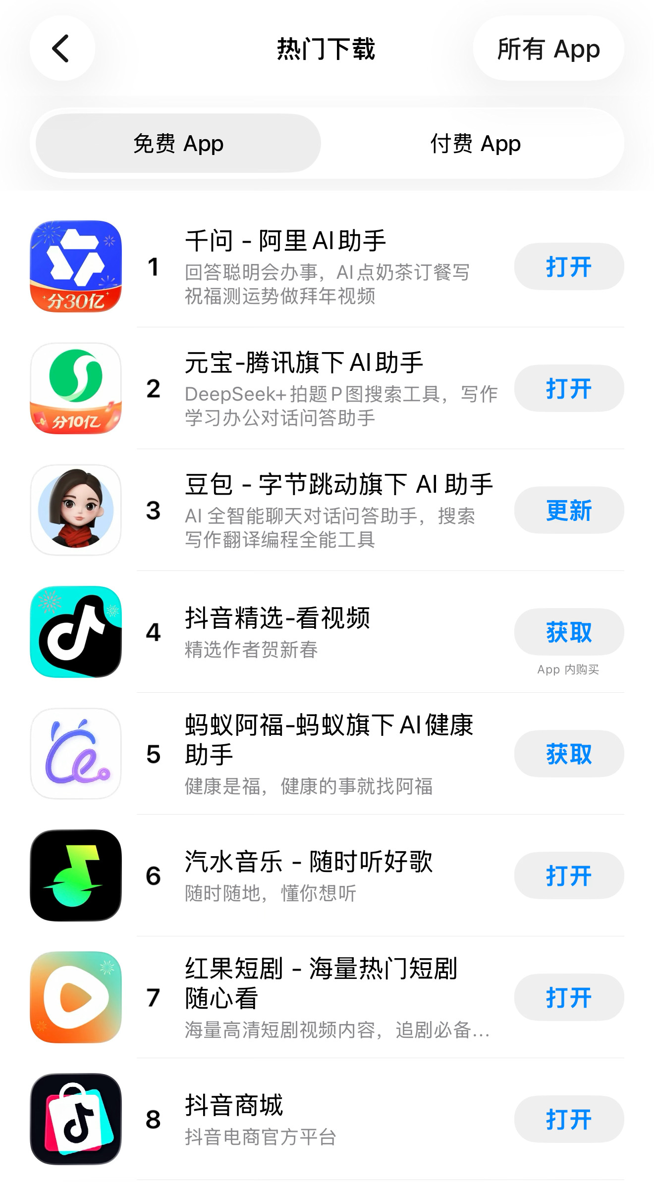 豆包：都给我干第三来了千问登顶AppStore免费榜第一