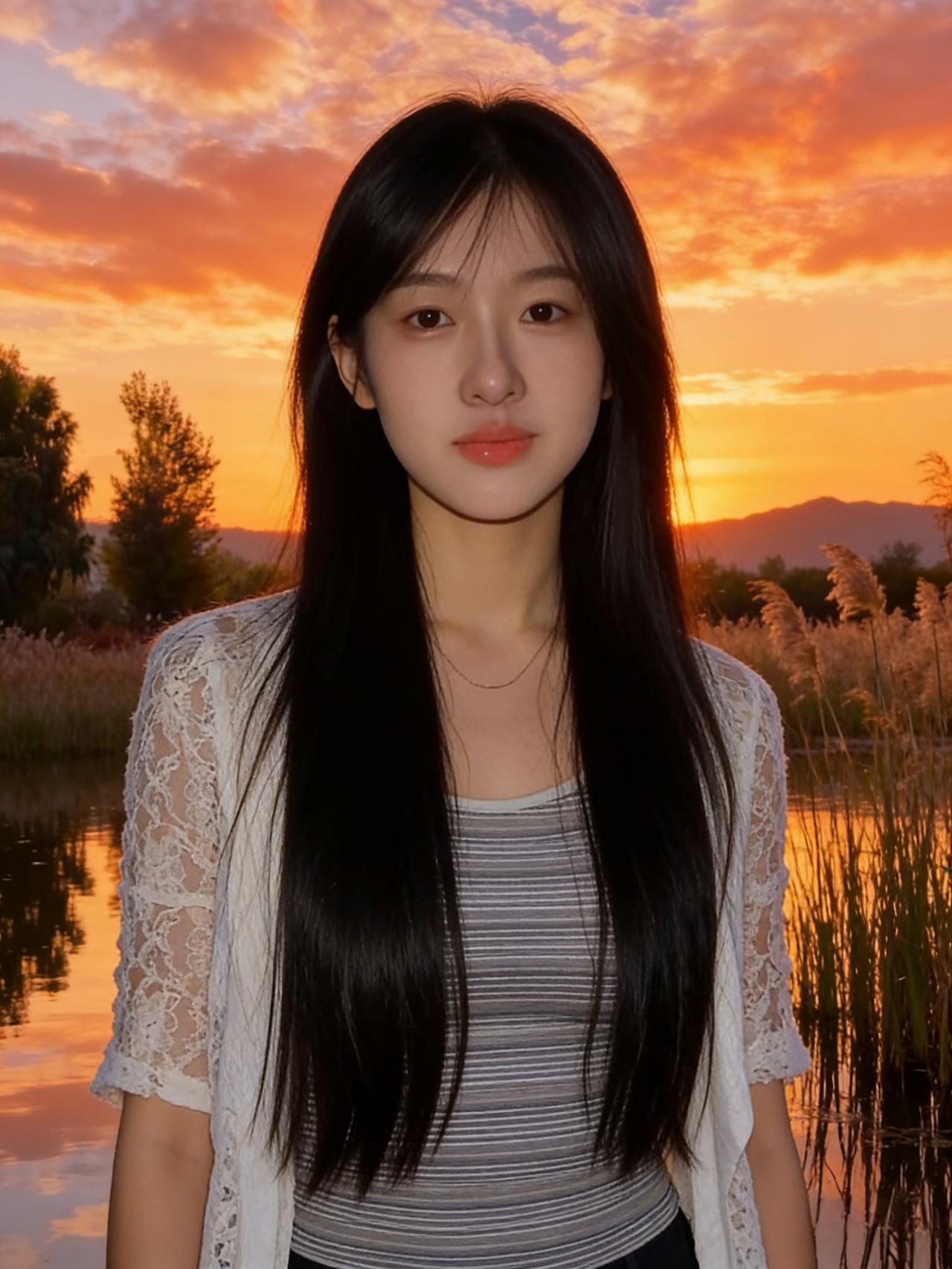 当落日把天空熬成糖浆
她站在水畔，成了风景的核心
黑发是夜的序曲
先一步，漫过晚