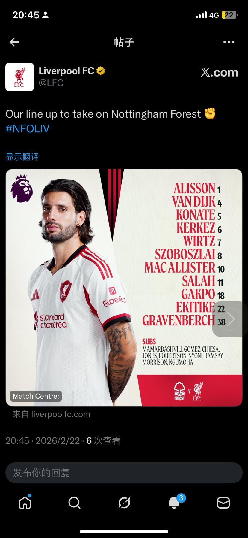 利物浦首发：阿利森 索博 科纳特 范迪克 科尔克茨 麦卡 格拉 维尔茨 加克波 