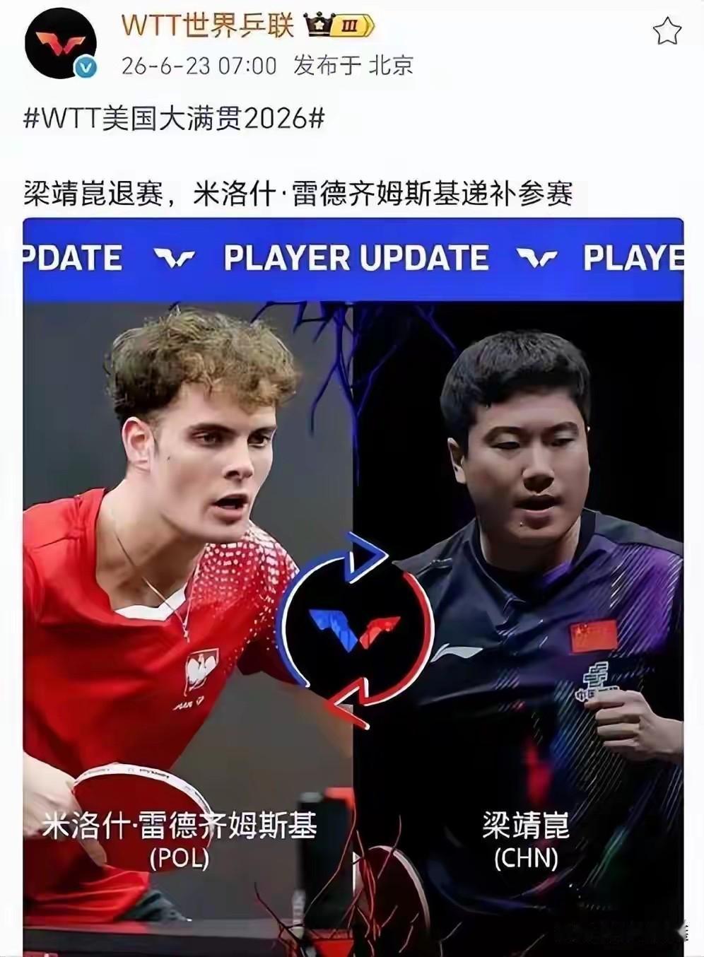 🏓WTT美国大满贯，国乒副队长大胖伤退，期待小将林诗栋、温瑞博、陈垣宇能挑大梁