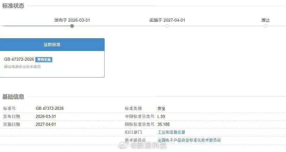 我国首部移动电源强制性国标 GB 47372-2026 于 3 月 31 日发布