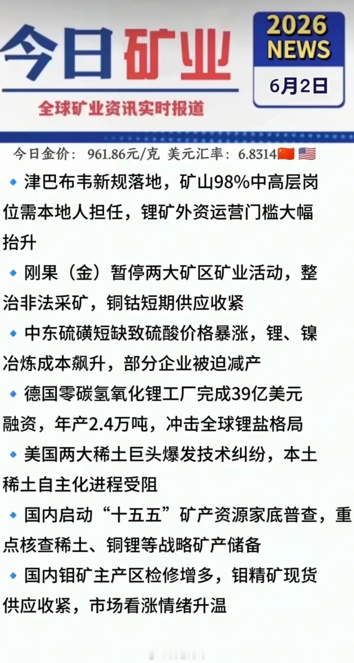 6.2周二  最新：有色金属+矿业新闻！1.津布布韦，锂矿出口限制2.铜钴供应收