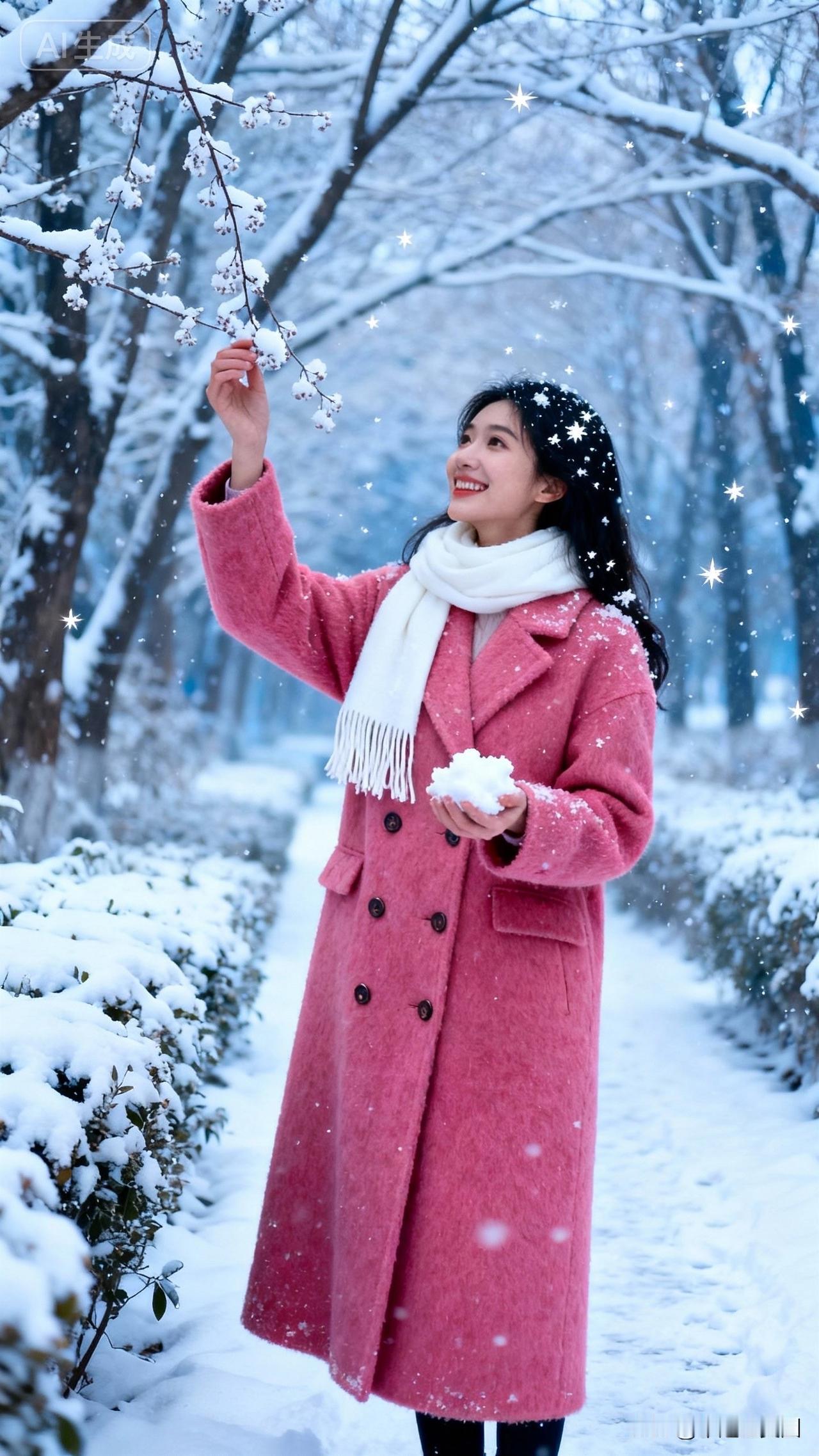 冬日雪景中的少女，粉色的外套与白雪相映成趣，笑靥如花，宛如童话中的公主。