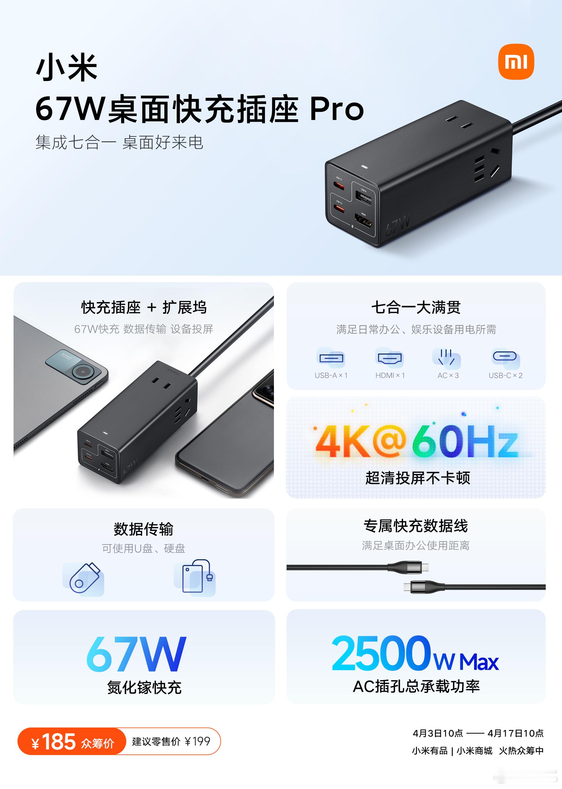 #小米67W桌面快充插座Pro# 众筹开售！【带话题 转发+评论，抽一位宝子送同