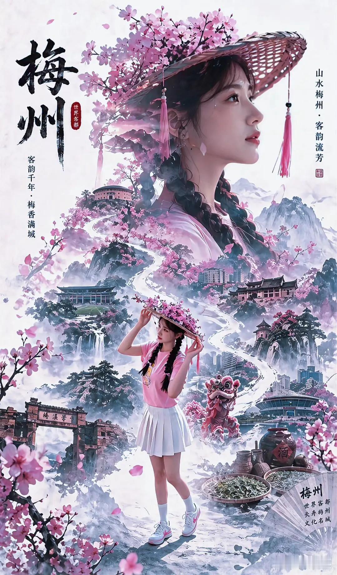 粉色调的梅州也太会了吧！
 
画面里的拉拉队客家女孩戴着缀满樱花的斗笠，辫子垂下