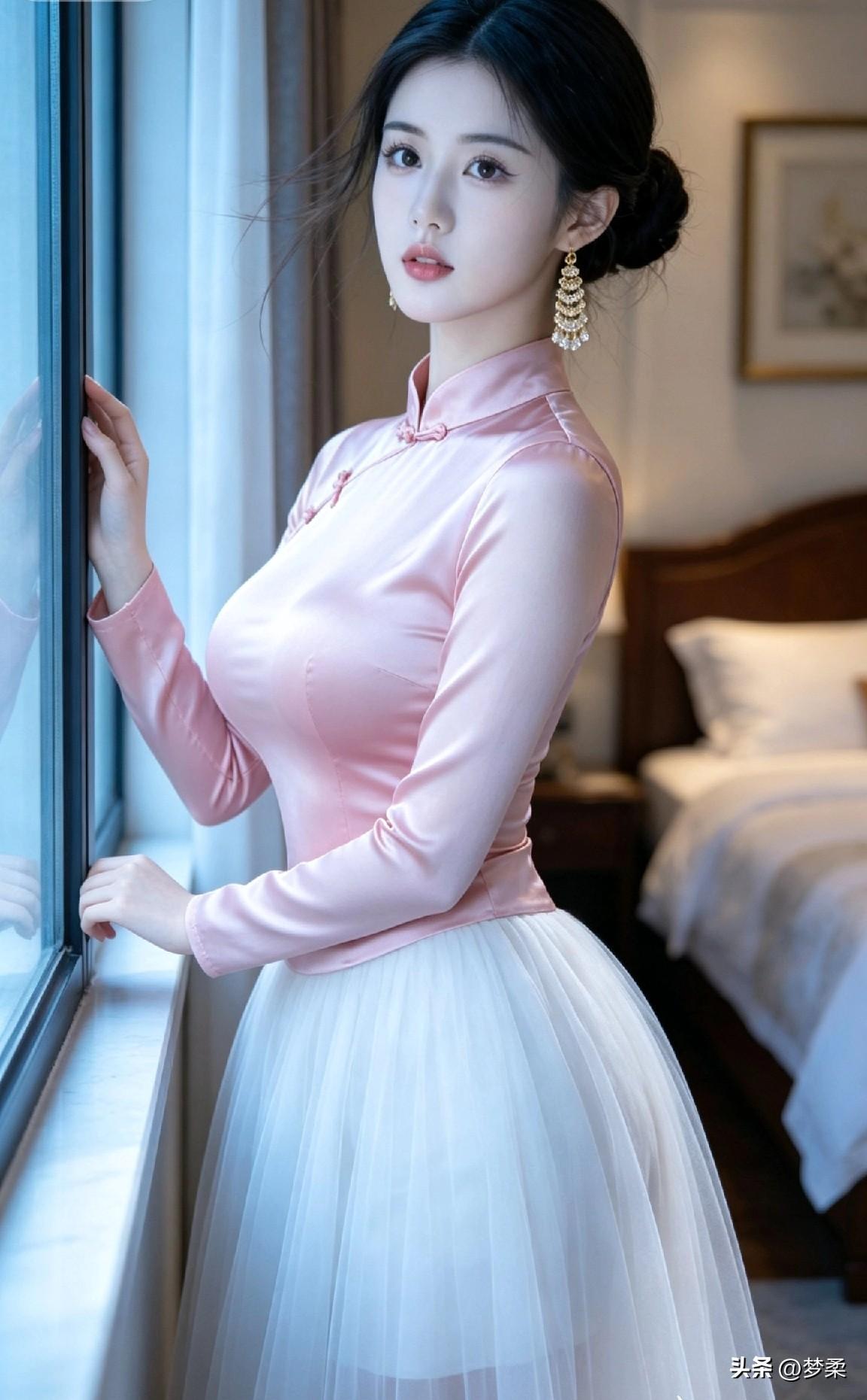 优雅粉色礼服，轻纱裙摆，窗边沉思，温柔时光