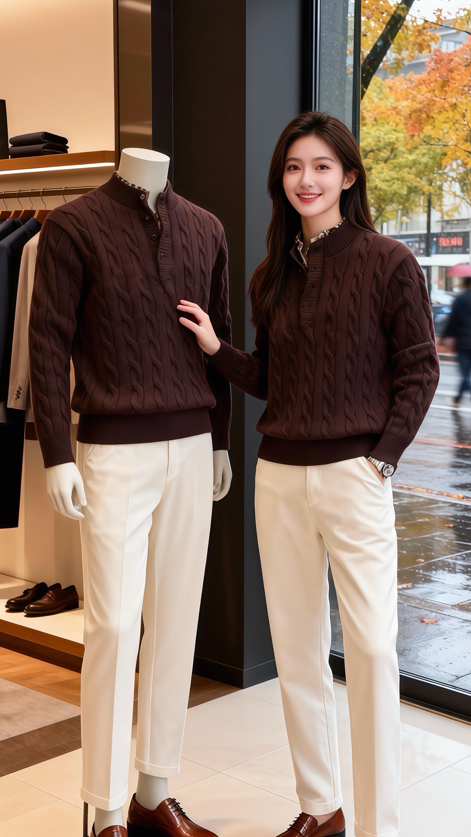 秋雨裹着焦糖色梧桐叶贴在橱窗时，他在男装店的沙发旁撞见她。深棕绞花毛衣...
