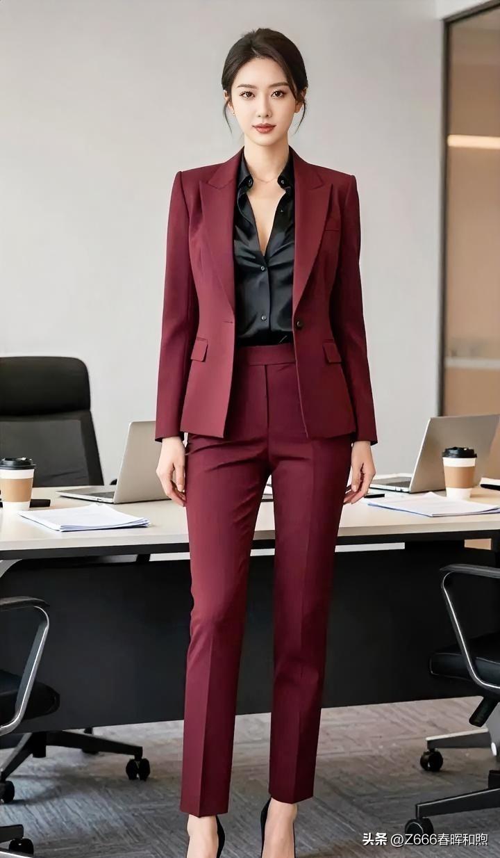 绛红西服裁剪干练，内搭墨色衬出沉稳底色。她立于职场方寸间，气场清雅自生，如静默绽
