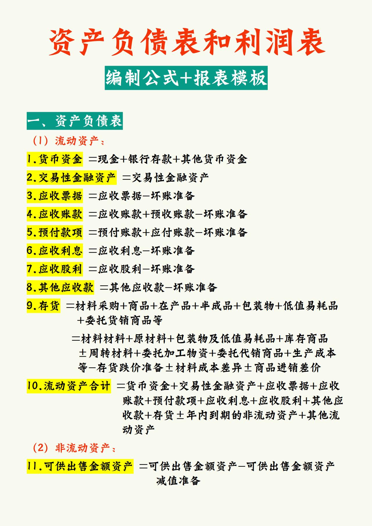 资产负债表、利润表，报表编制公式+报表模板，记不住就直接公式带入