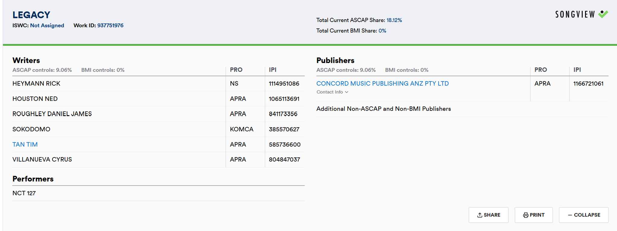 260720 ASCAP（美国作曲家、作家和出版商协会）已将一首名为“Legac