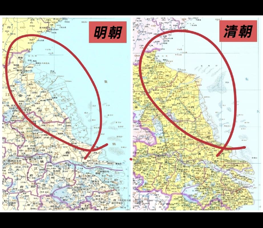 从明朝到清朝，河流冲出了半个江苏省？
是因为黄河改道吗？