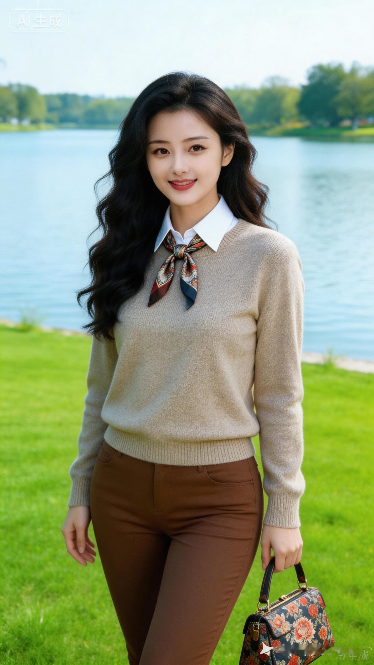 元气少女在湖边漫步，温柔微笑，时尚穿搭！