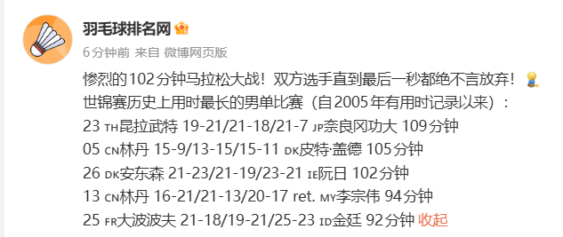 难怪奈良冈功大被叫做体能教练呢，109分钟！中国羽毛球队2026年羽毛球世锦赛