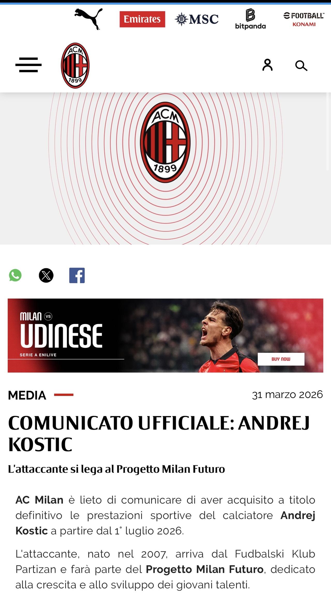 【官方】AC米兰俱乐部很高兴宣布，自2026年7月1日起，正式签下球员安德烈·科