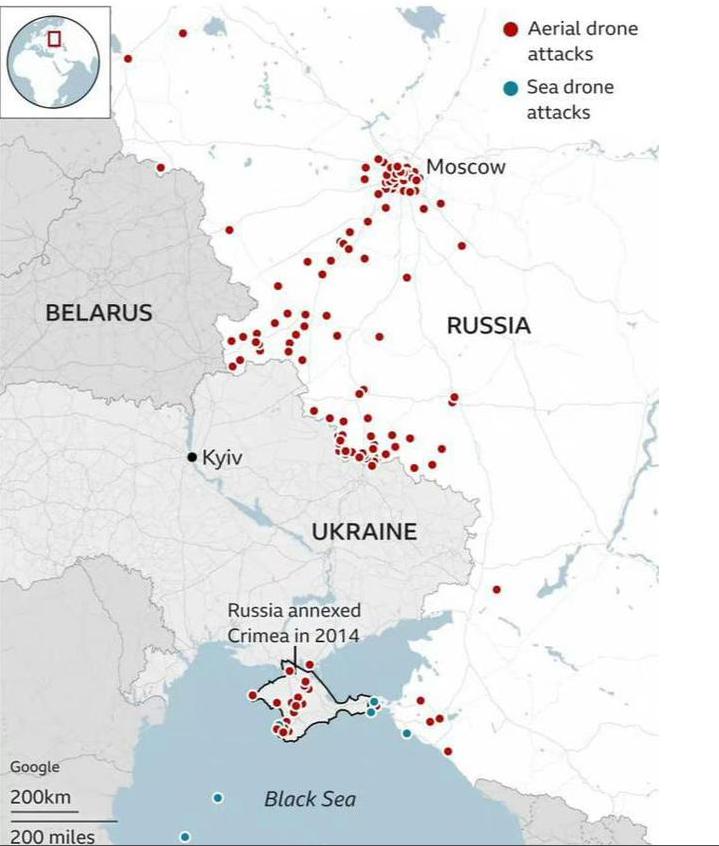 这是最近乌克兰对俄本土和克里米亚的无人机袭击图，其中，莫斯科和克里米亚成为焦点