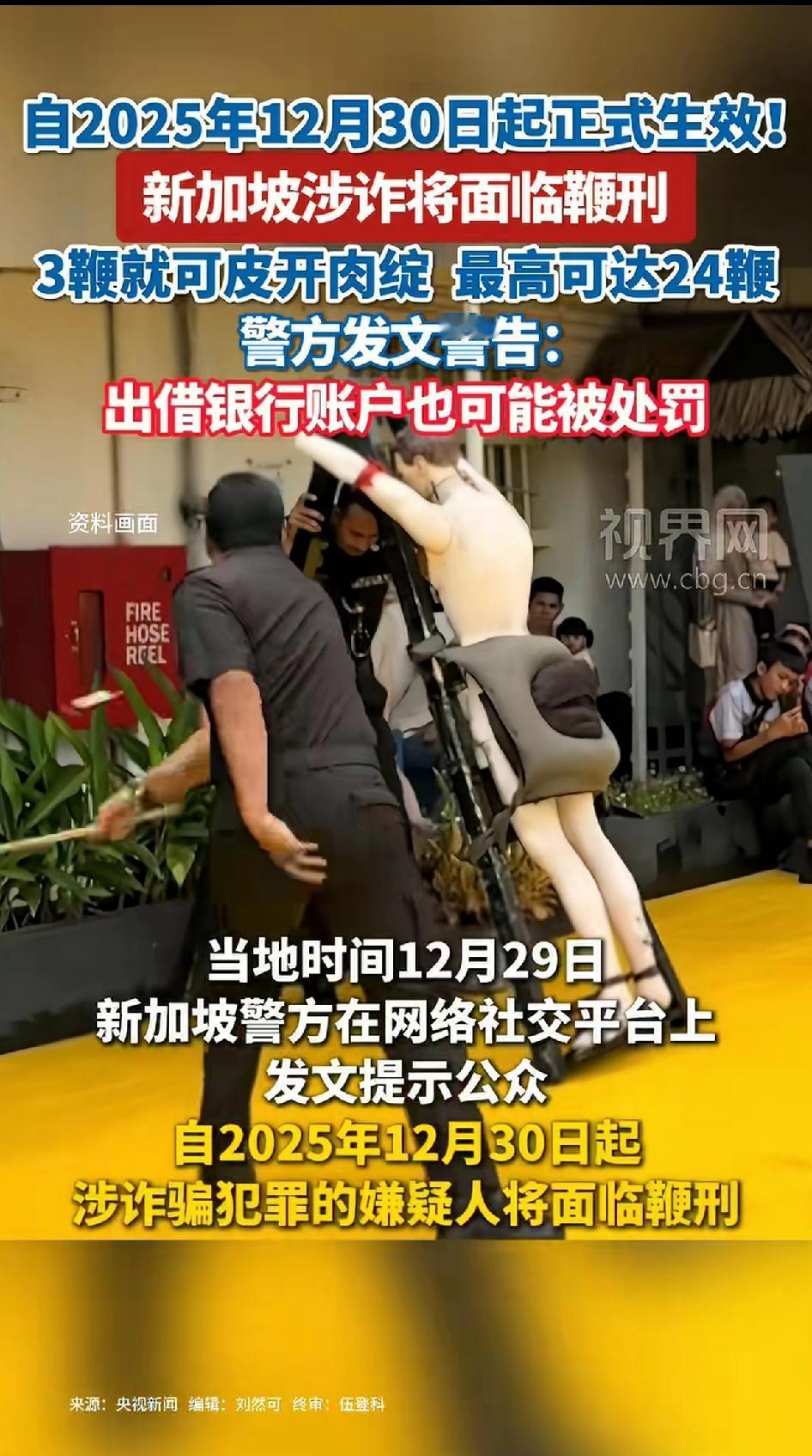 自2025年12月31日起正式起效！新加坡涉诈将面临鞭刑。
三鞭就可皮开肉绽，最