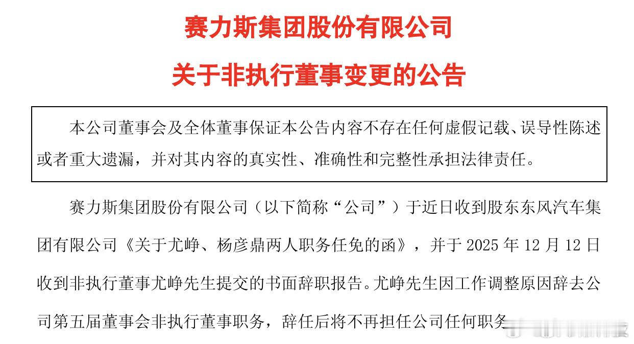 赛力斯高管人事变动 赛力斯集团发布公告称，非执行董事尤峥因 “工作调整” 辞去公