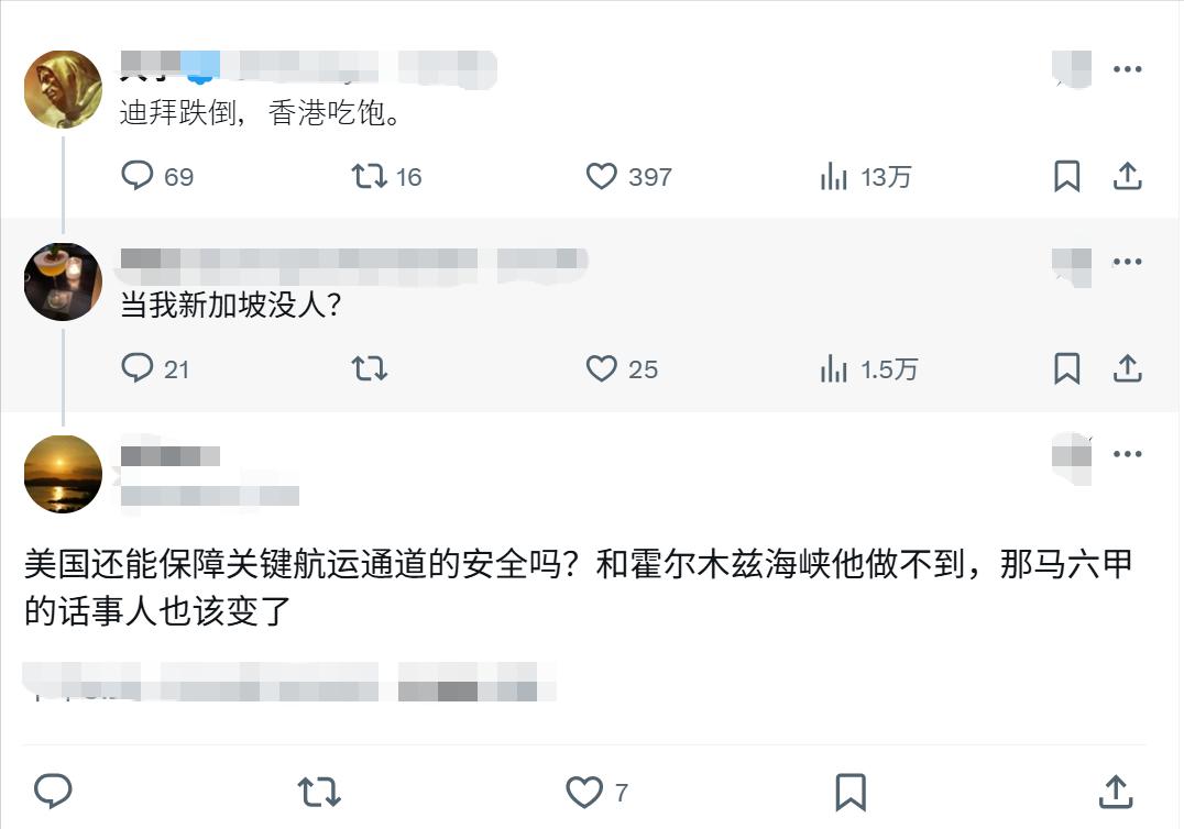 迪拜跌倒，香港吃饱。
新加坡网友说“当我新加坡没人？”
网友回复：霍尔木兹海峡保