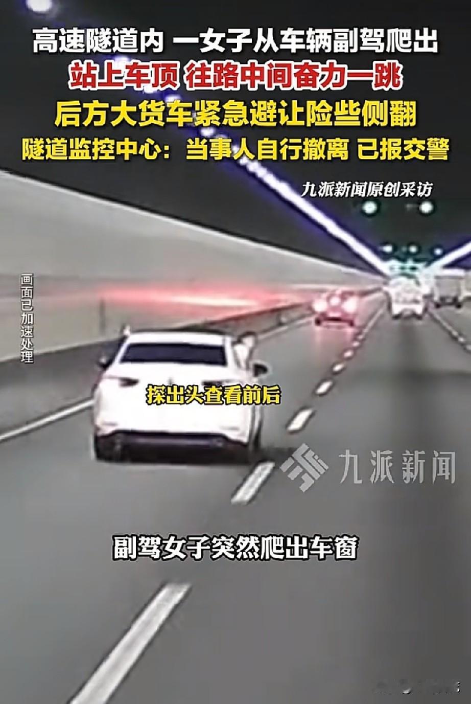 太惊险了！高速隧道内，女子直接从副驾爬到车顶跳下，全程看得人头皮发麻。

近日浙