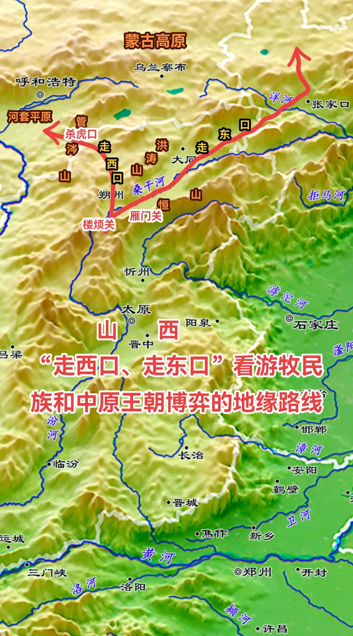 历史上，大同盆地所遭受的地缘压力，主要来自西北两个方向。北部的大同地区主要是防止游牧民族从阴南丘陵、张家口盆地向南侵扰；而南部的朔州地区则是为了防止游牧民族从西面，即河套地区向山西高原发起的攻击。 
从河套平原向东穿越管涔山经过的是杀虎口（最早称杀胡口），然后南下攻击朔州。从张家口进入大同盆地，既可以向东攻击居庸关，也可以向西南方向攻击大同。 
在历史上，前者（杀虎口）的战略地位是要高于张家口的，因为河套平原是游牧民族最为肥美的草场，也是他们向中央之国核心区进攻的主要跳板。 
反过来，中原人想进入蒙古高原