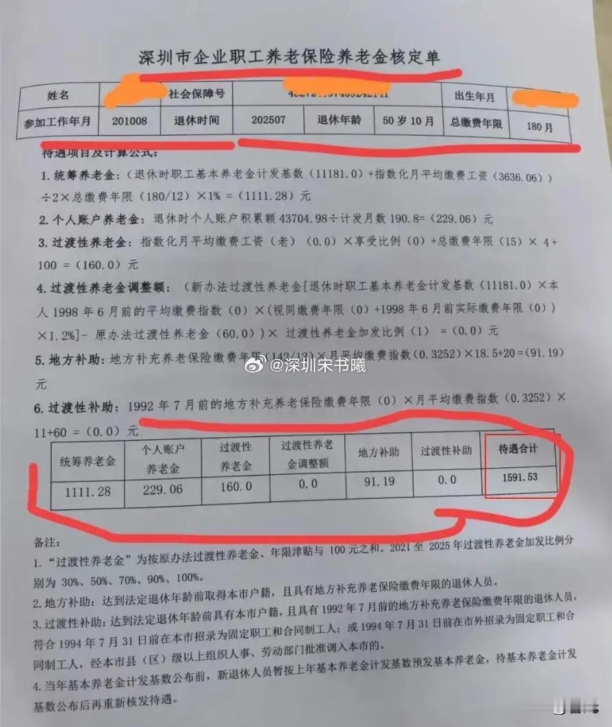 深圳企业退休金来了，50退休，交15年的社保，180个月，现在退休金1591.5