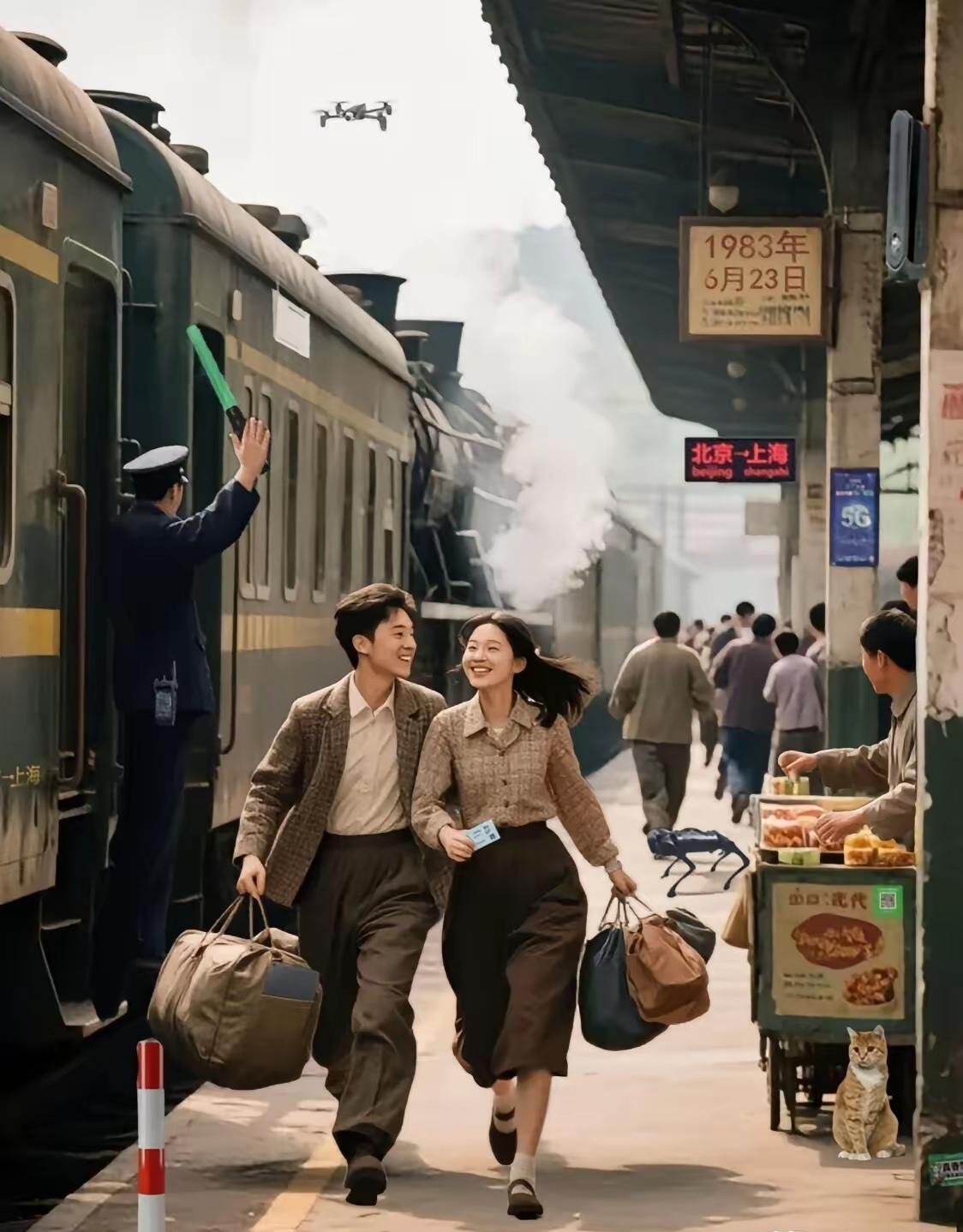 史上最强找不同
1983年搭乘绿皮火车时热闹非凡的场景里，一对恋人拿着车票喜滋滋