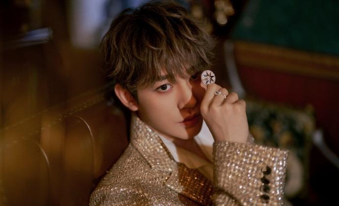 邓为身着闪片鎏金西装，将经典象征巧妙融入时尚肌理，金属光泽的运用让造型更具视觉吸