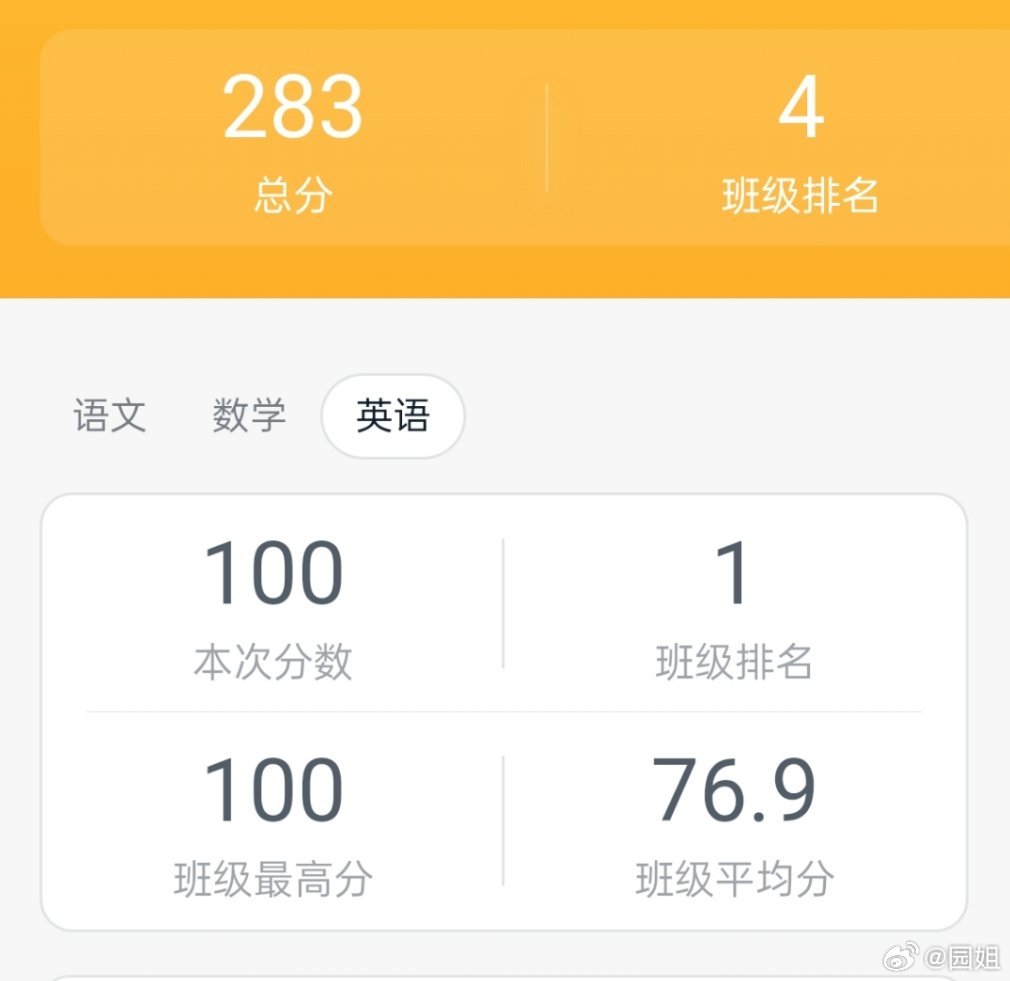 大宝的小学毕业成绩出来了，班级排名第4名，英语满分，语文96分，数学87低一些把