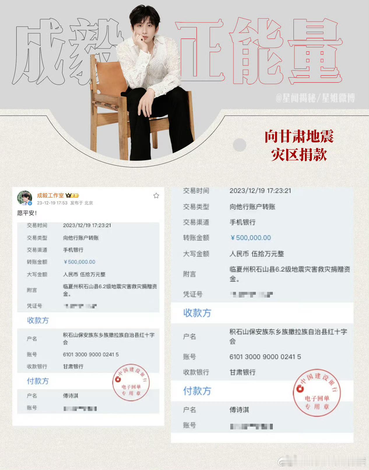 成毅向西藏灾区捐款50万成毅捐赠50万驰援西藏灾区正能量满满的演员，又默默为灾区