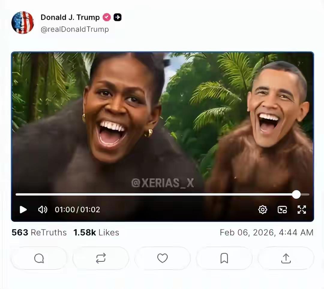 深夜炸锅！特朗普在“真相社交”狂甩视频，直接把前总统奥巴马夫妇变成了卡通猿猴。画