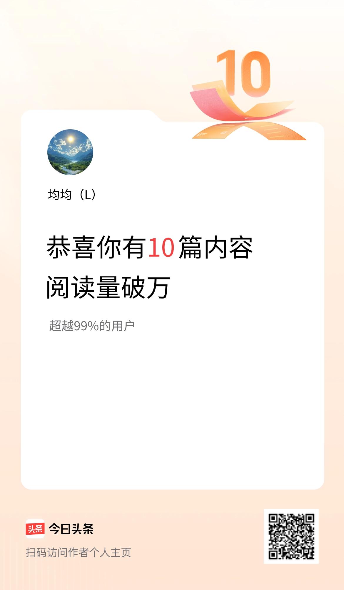 我在头条有10篇内容阅读破万了！