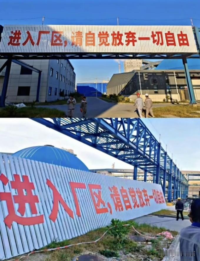 广西钦州一家公司（恒逸新材料）的标语：进入厂区，请自觉放弃一切自由！

当记者打