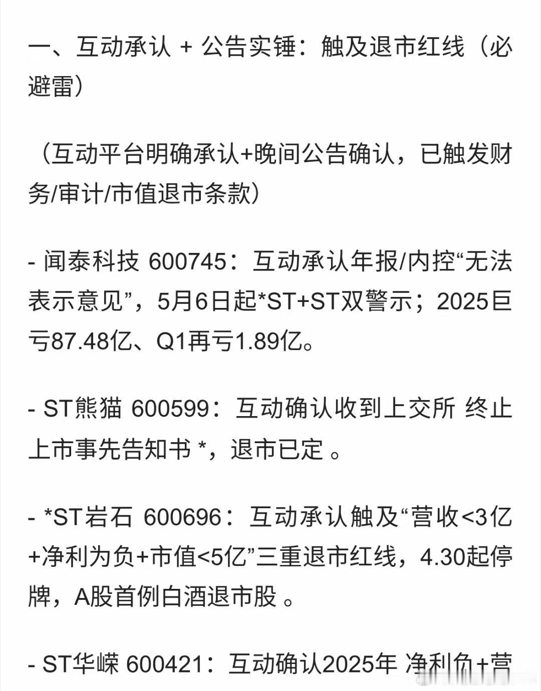 4月底收官夜，A股批量爆雷！集体戴帽，几十家公司扎堆利空：巨亏、非标、立案、退市