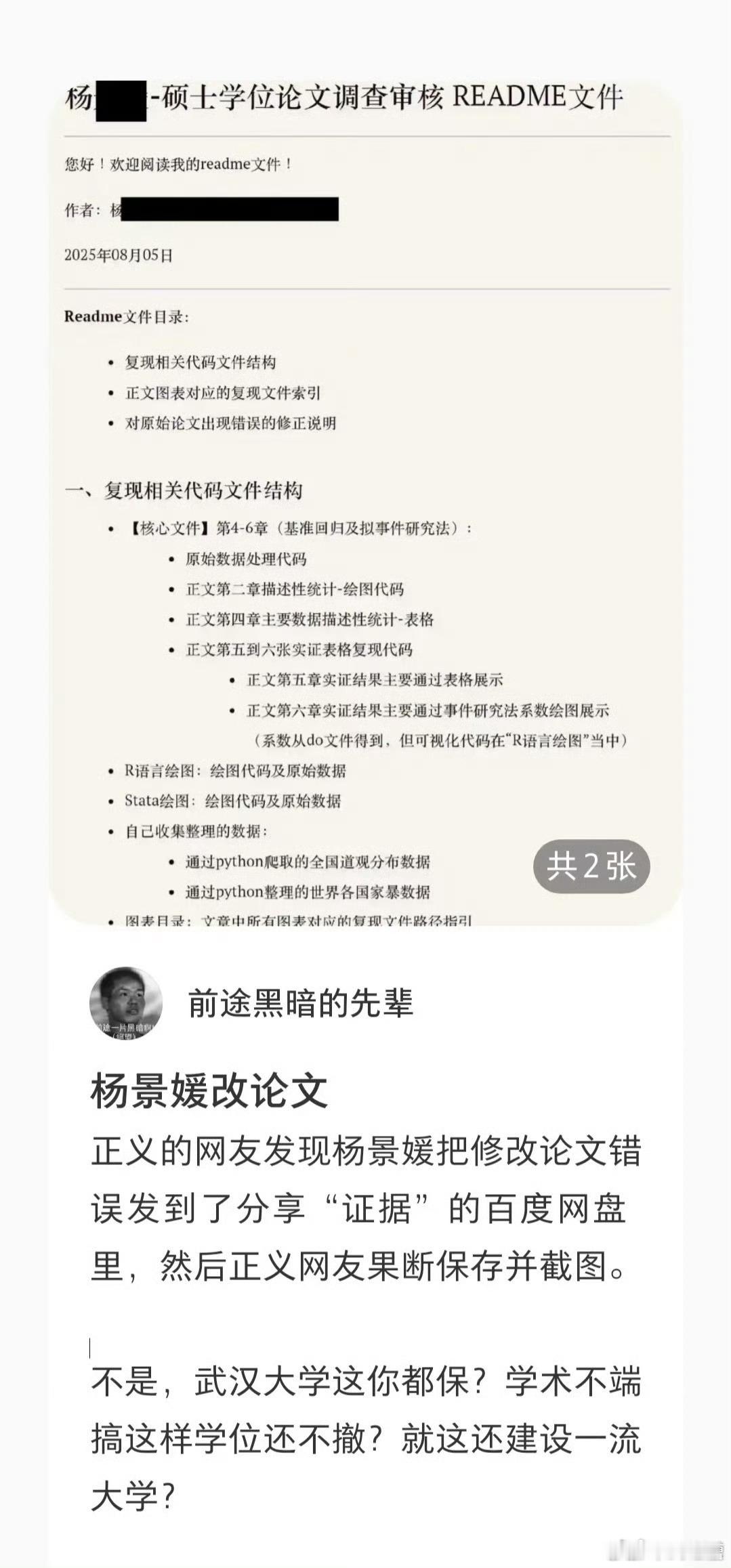 有网友发现杨景媛“不小心”把调查论文审核的文档发到了网盘，然后被正义网友给保存下