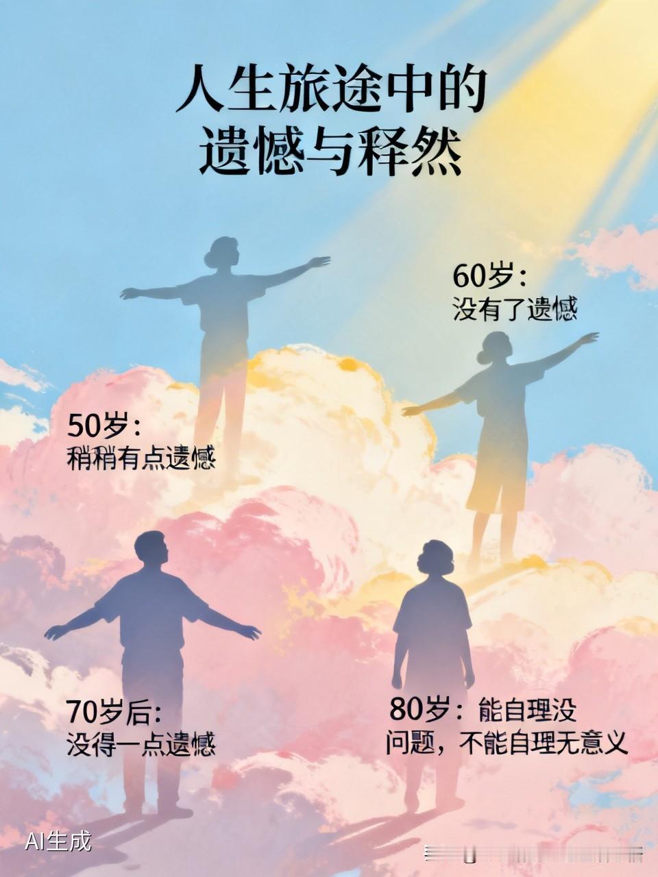 其实人生旅途中充满着后悔！不过：
50岁了，如果走了，只稍稍有点遗憾；
60岁过