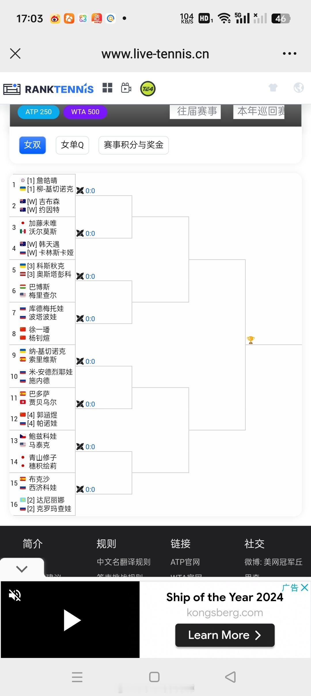 小花小草资讯[超话]  【WTA500布里斯班】女双签表[4]🇨🇳郭涵煜/?