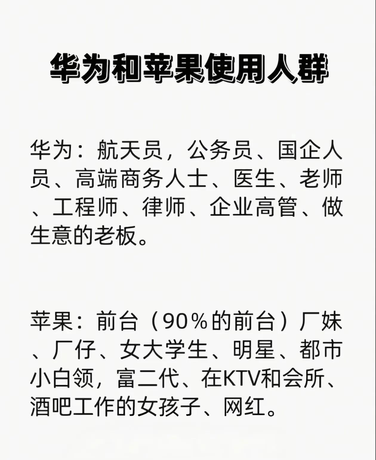 刷到一张流传很久的图，聊华为和苹果的用户画像。个人感觉还是挺准的。
其实偏好背后