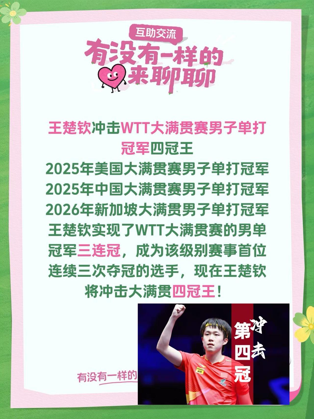 王楚钦冲击WTT大满贯赛男子单打冠军四冠王
2025年美国大满贯赛男子单打冠军