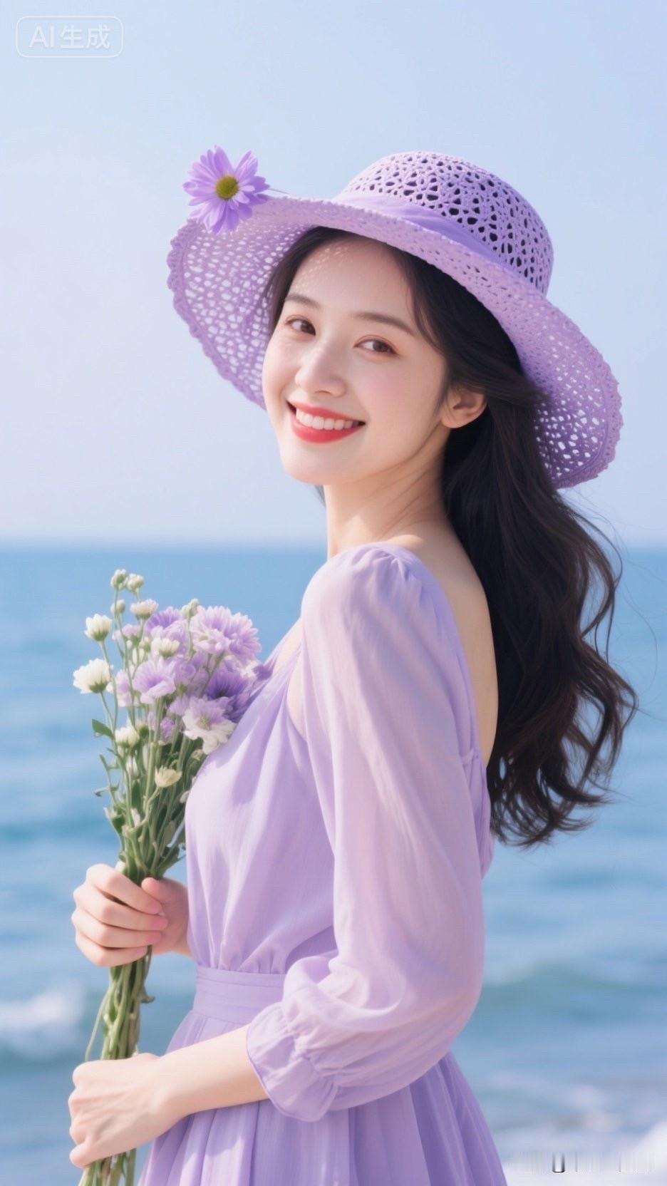 海边少女与花束的浪漫邂逅🌊💐🌸