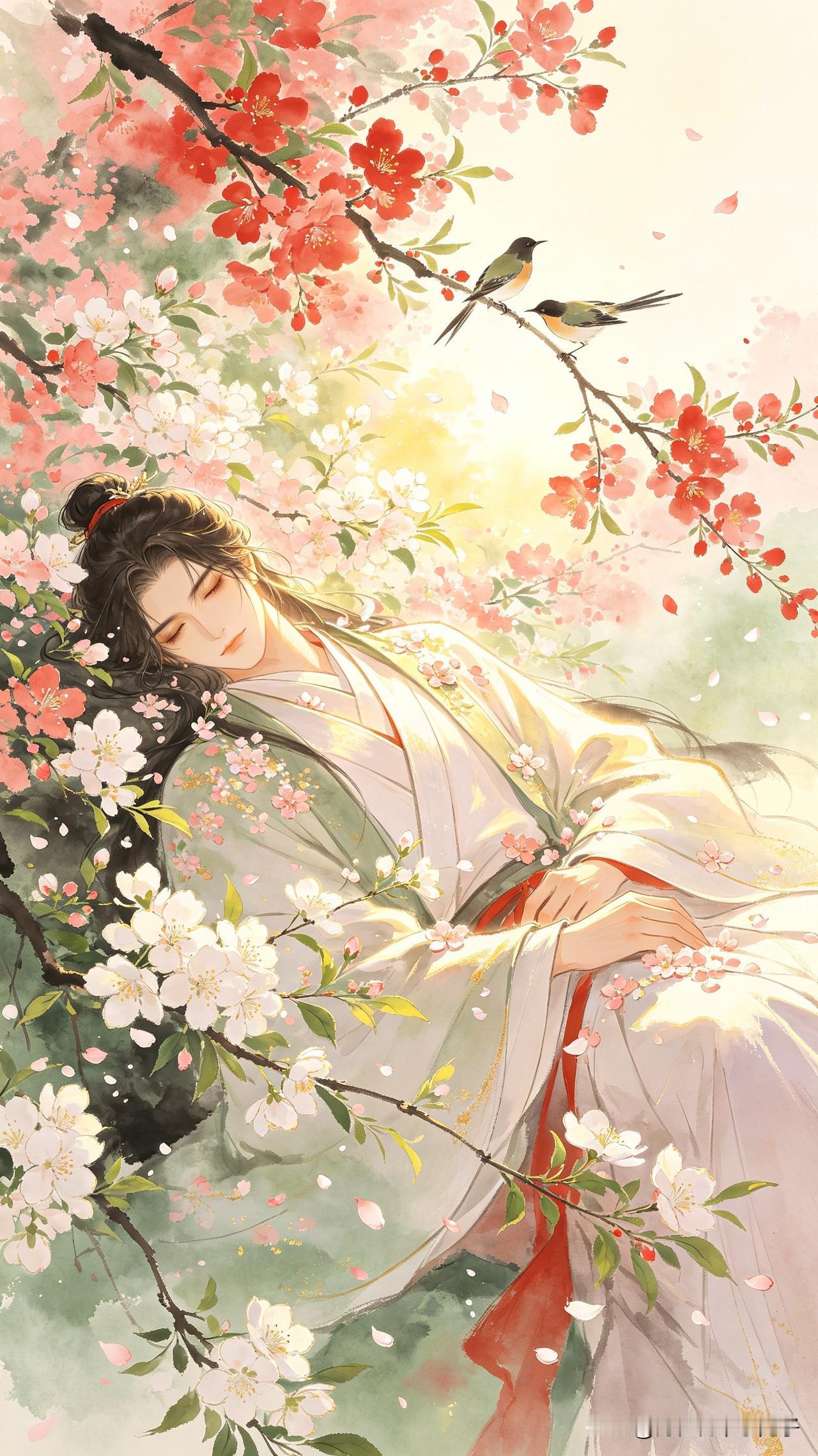 万点飞红映晓光，
东风吹透绿罗裳。
闲眠不觉芳菲老，
       
…………请