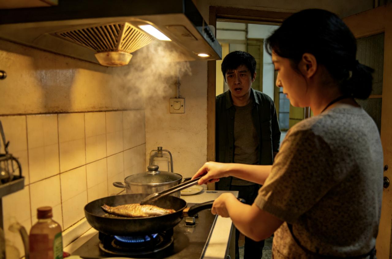 张伟决定和妻子坦白。他爱上了别人。
妻子正在厨房煎鱼，油烟机轰隆响。他说：“我们