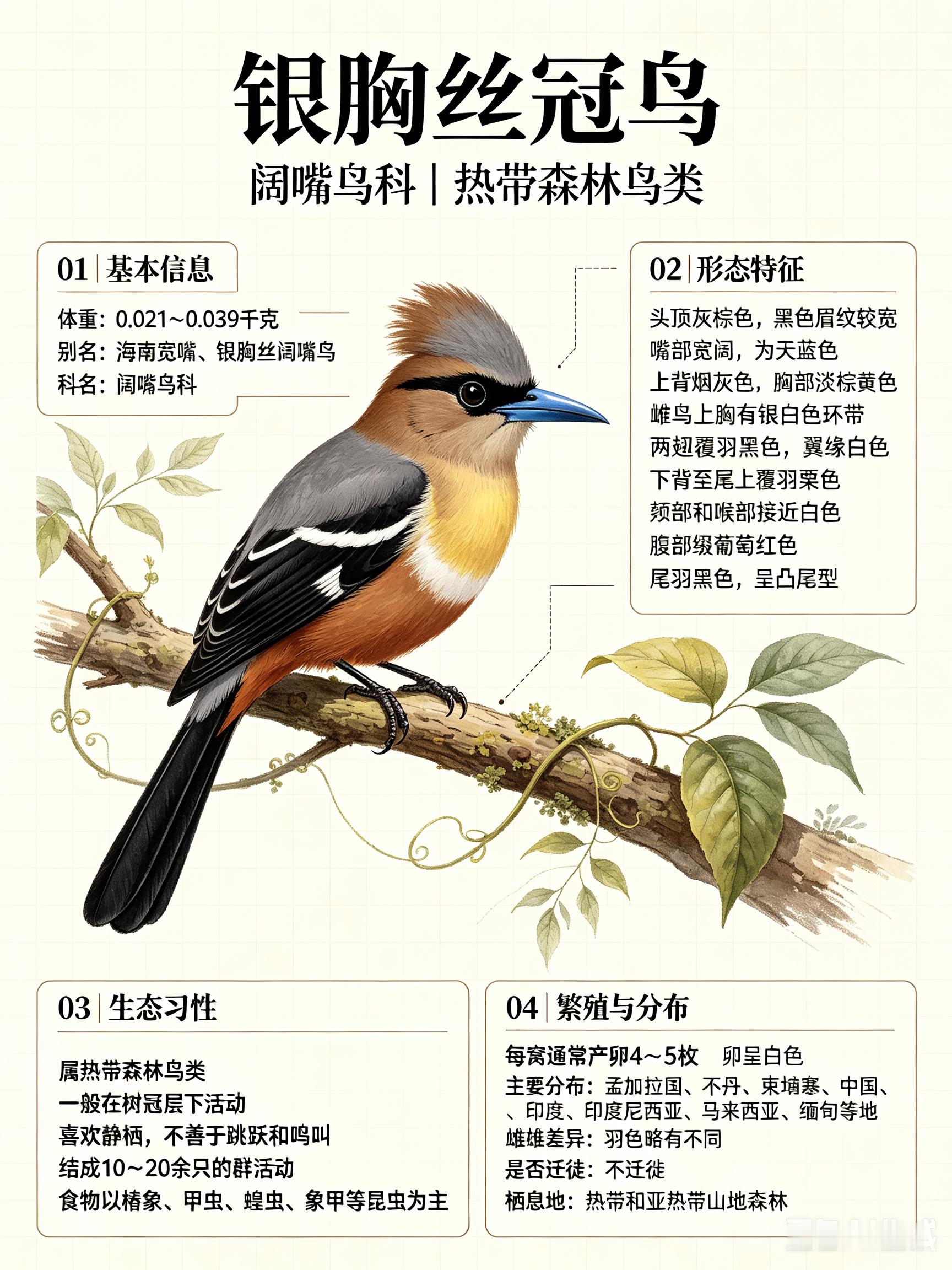 鸟类朋友图鉴 银胸丝冠鸟科名：阔嘴鸟科体重：0.021～0.039千克别名：海南